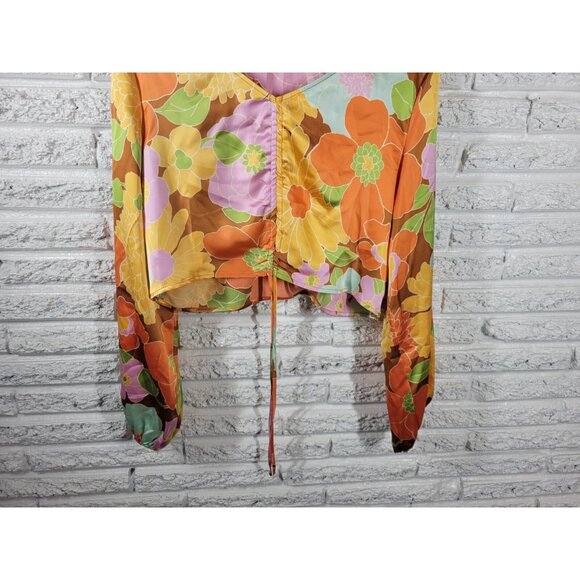 Forever 21 Women Top 1X Plus Crop Boho Festival Orange Floral Tie Front FLO58E - Picture 4 of 8